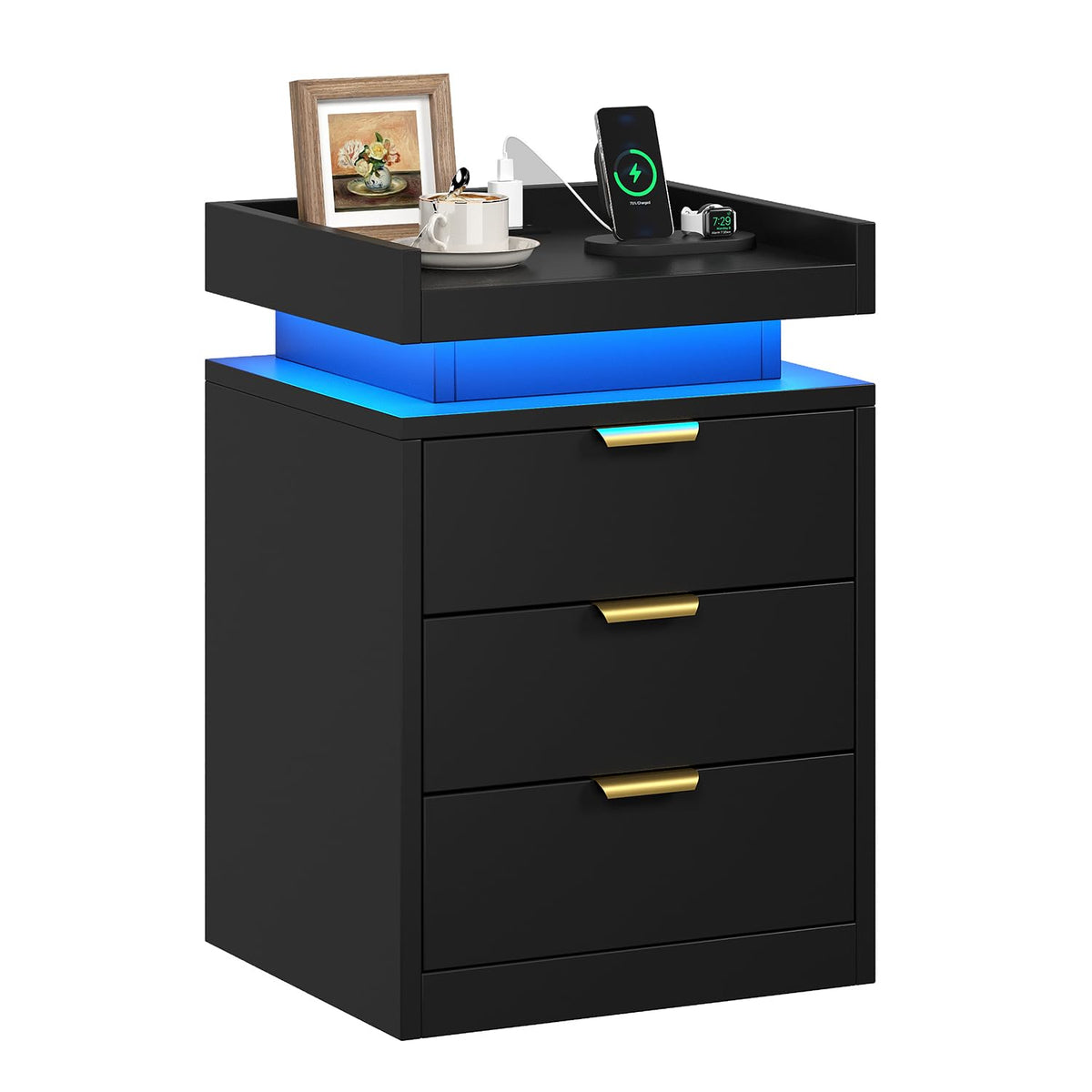 Black 3 Drawer LED Nightstand with Charging Station Z213313