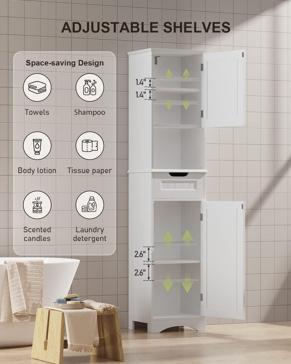 67” H Tall White Bathroom Storage Cabinet S9040