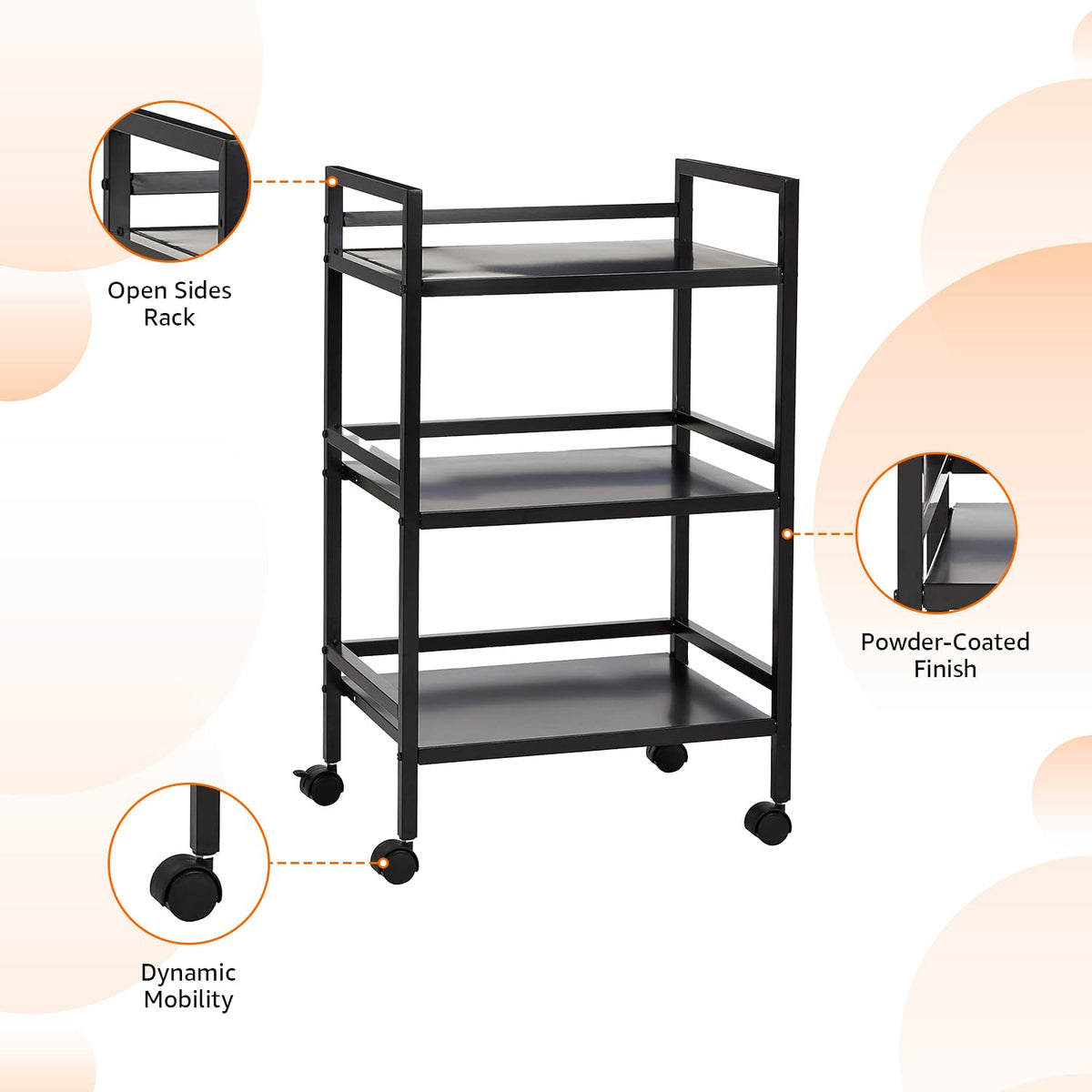 3-Tier Black Metal Rolling Utility Cart N6705