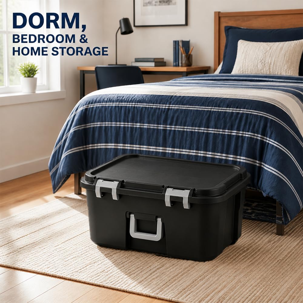 Rolling Storage Trunk with Wheels and Handle, 22 Gallon Black Bin V148