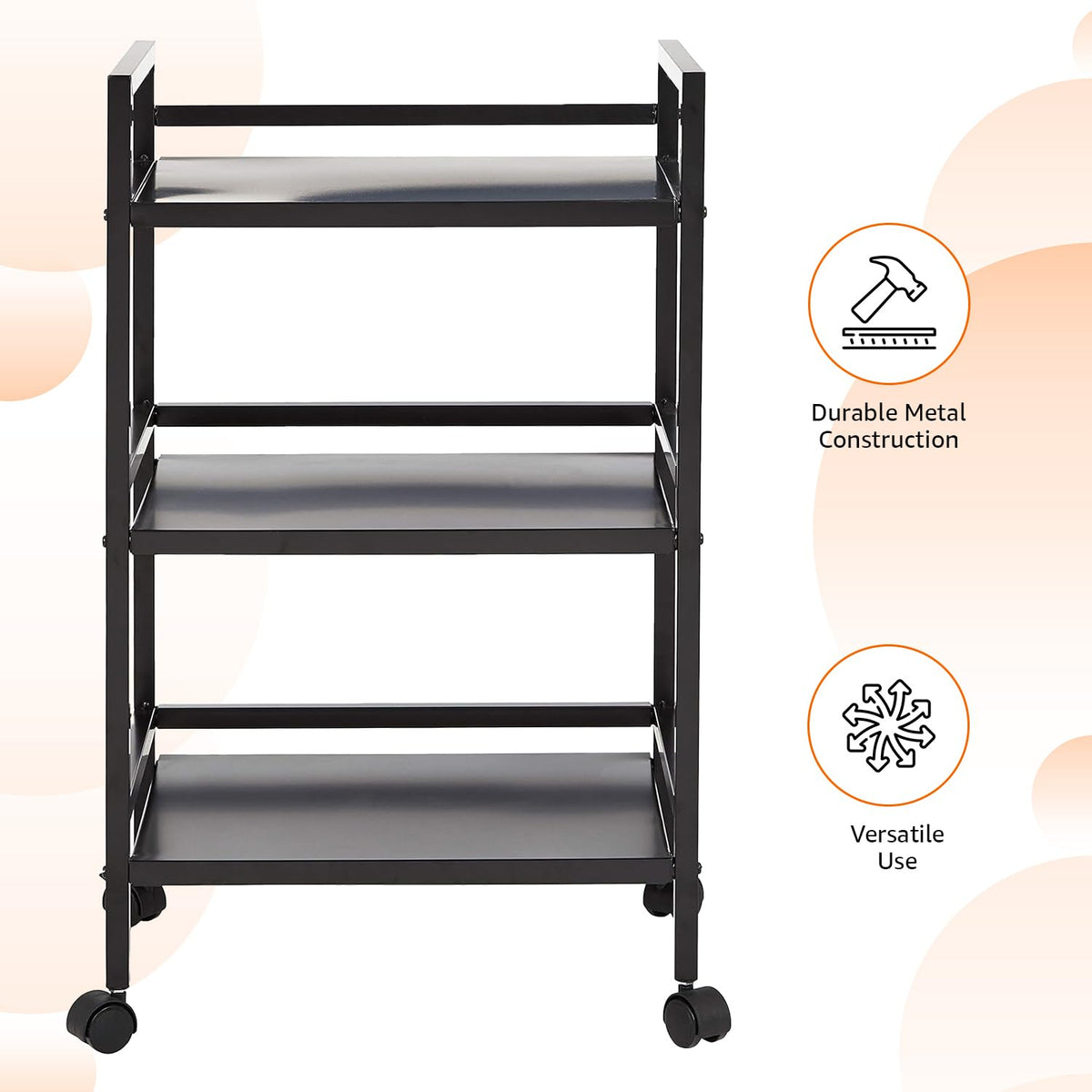 3-Tier Black Metal Rolling Utility Cart N6705
