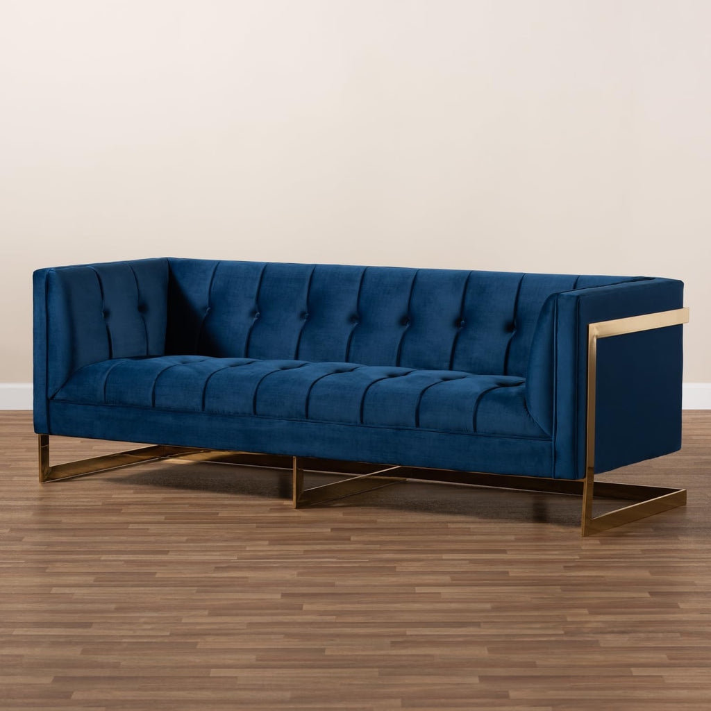 Navy Blue Velvet Button Tufted Gold Sofa A9768