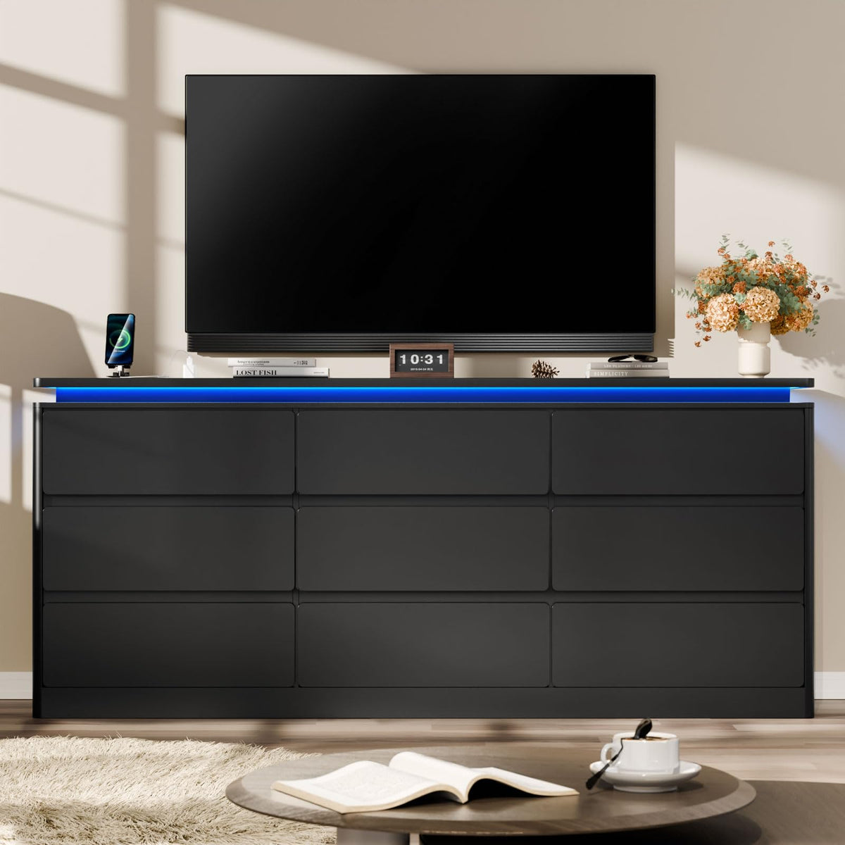 Black 9 Drawer Dresser with LED Lights R109