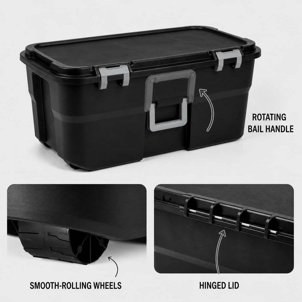 Rolling Storage Trunk with Wheels and Handle, 22 Gallon Black Bin V148