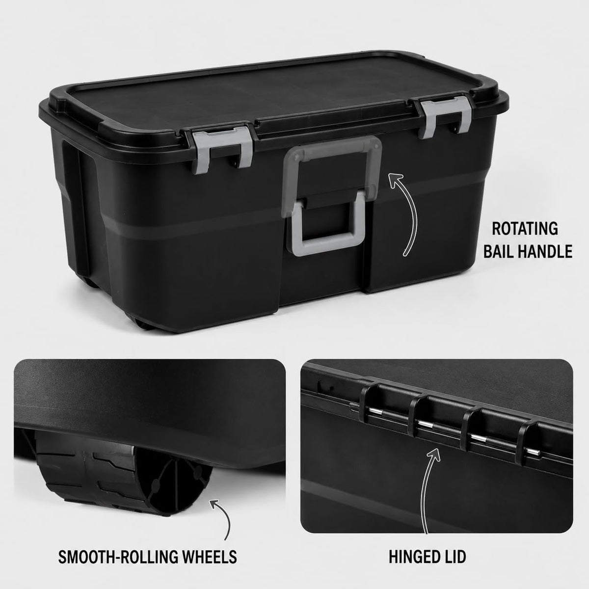 Rolling Storage Trunk with Wheels and Handle, 22 Gallon Black Bin V148