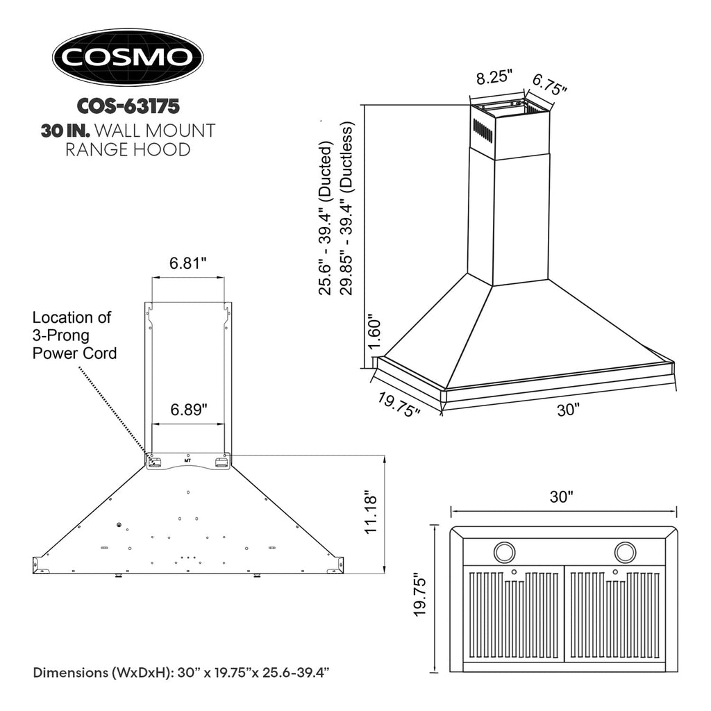 30 in. 380 CFM Ducted Wall Mount Range Hood Stainless Steel E493
