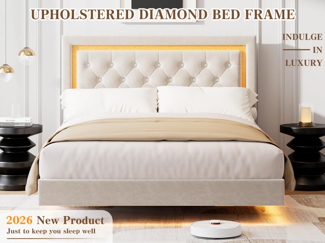 White Full Size Floating Bed Frame T574504