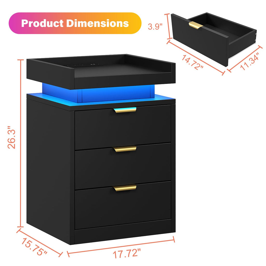 Black 3 Drawer LED Nightstand with Charging Station Z213313