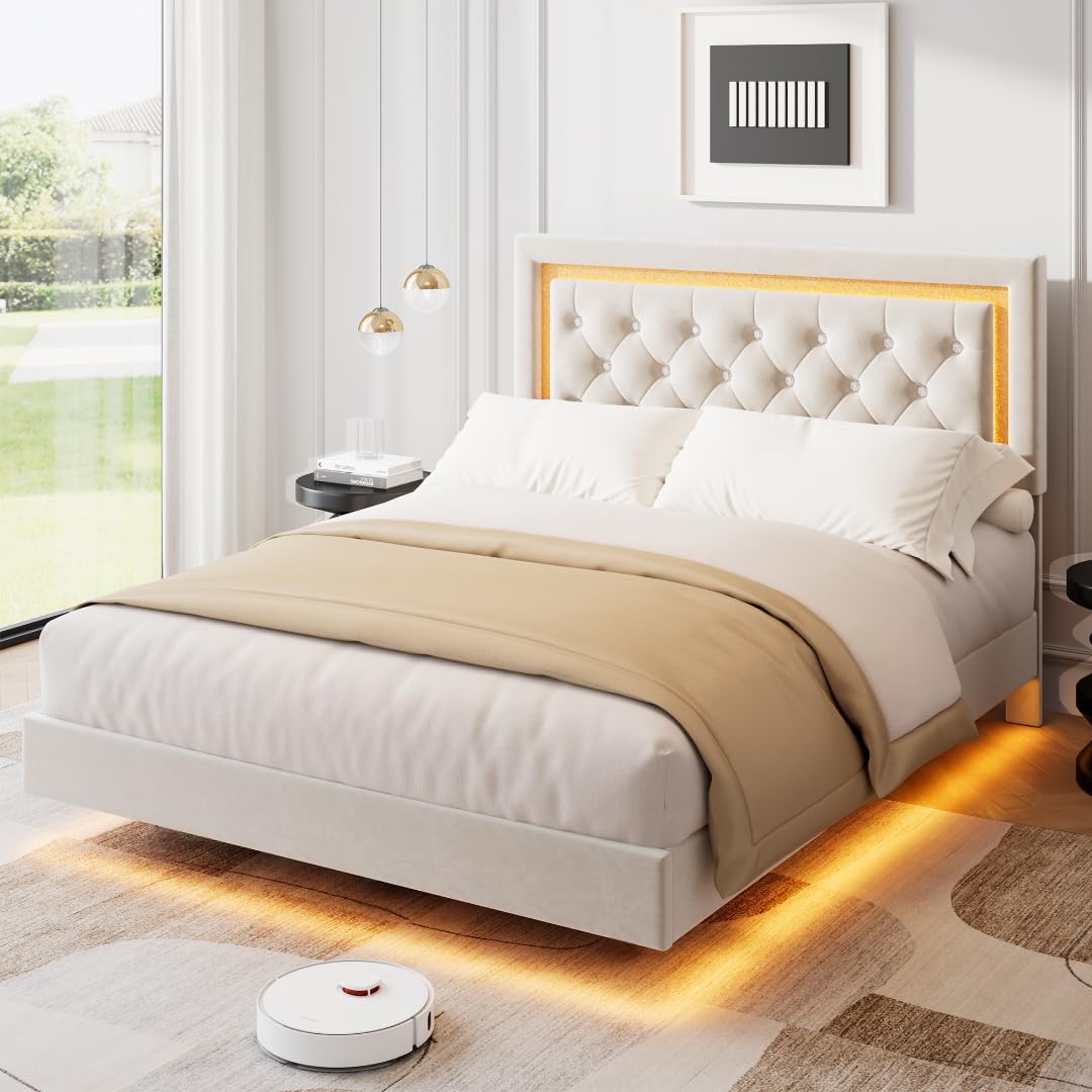 White Full Size Floating Bed Frame T574504