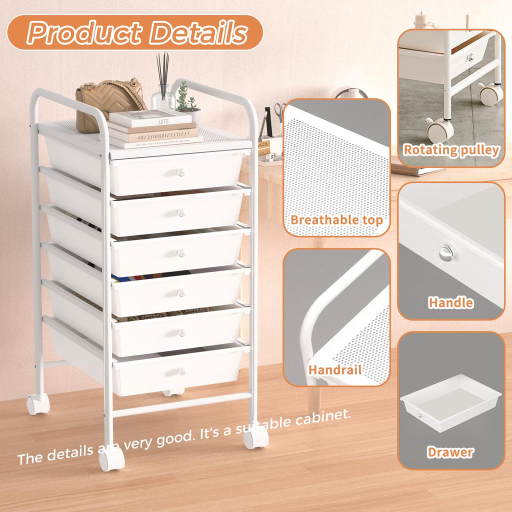 White 6 Tier Rolling Storage Cart with 6 Drawers W76339