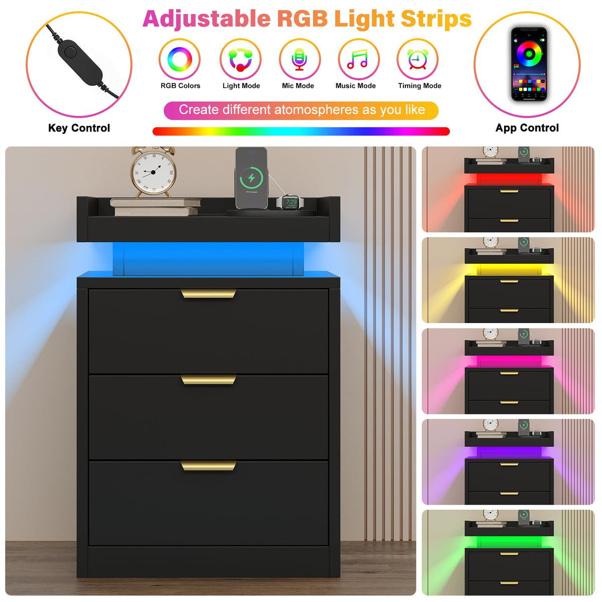 Black 3 Drawer LED Nightstand with Charging Station Z213313