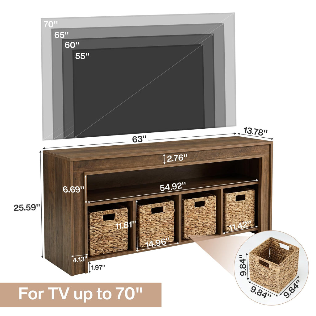 63" Wooden TV Stand with 4 Woven Baskets F10481