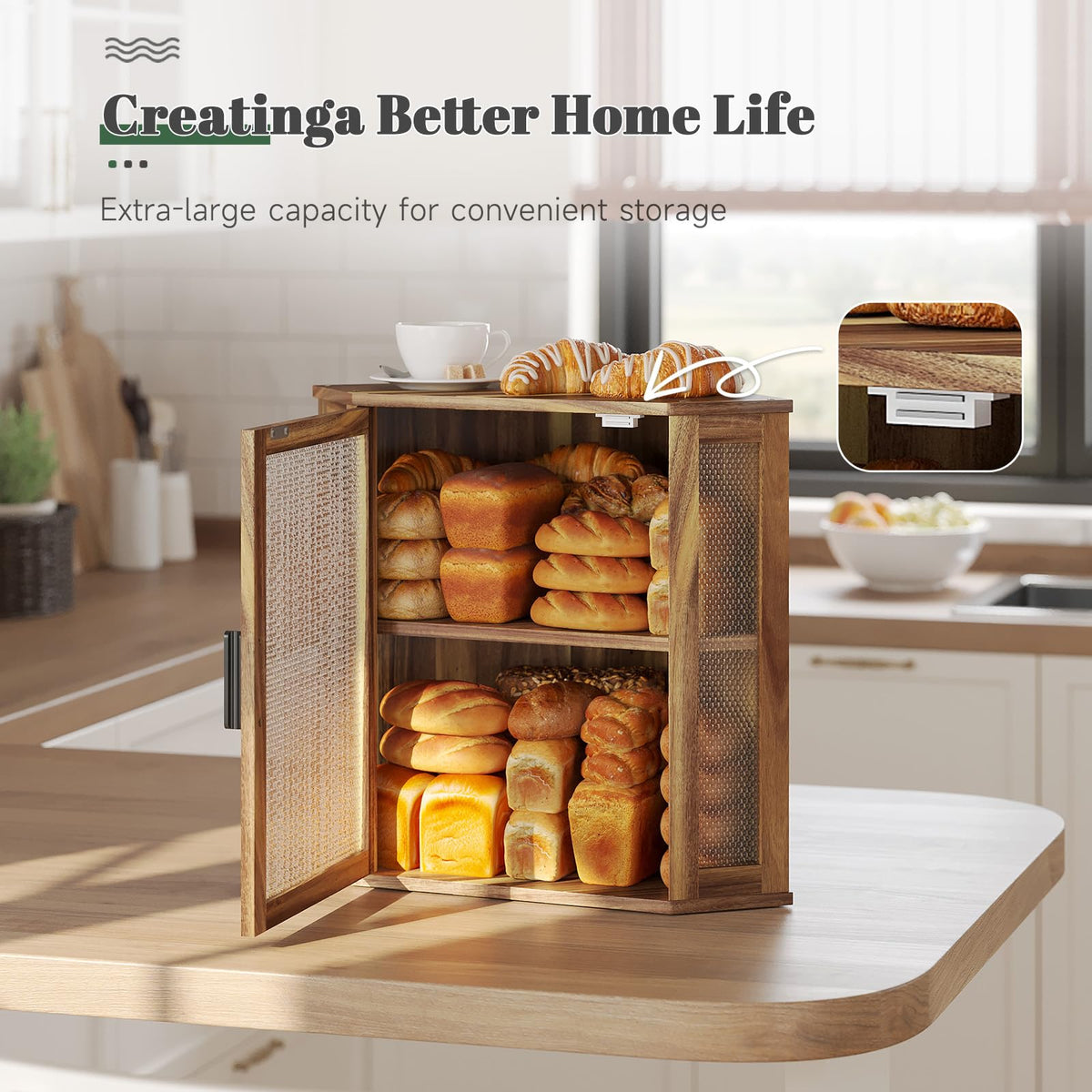 2-Tier Acacia Wood Bread Box with Window T2172