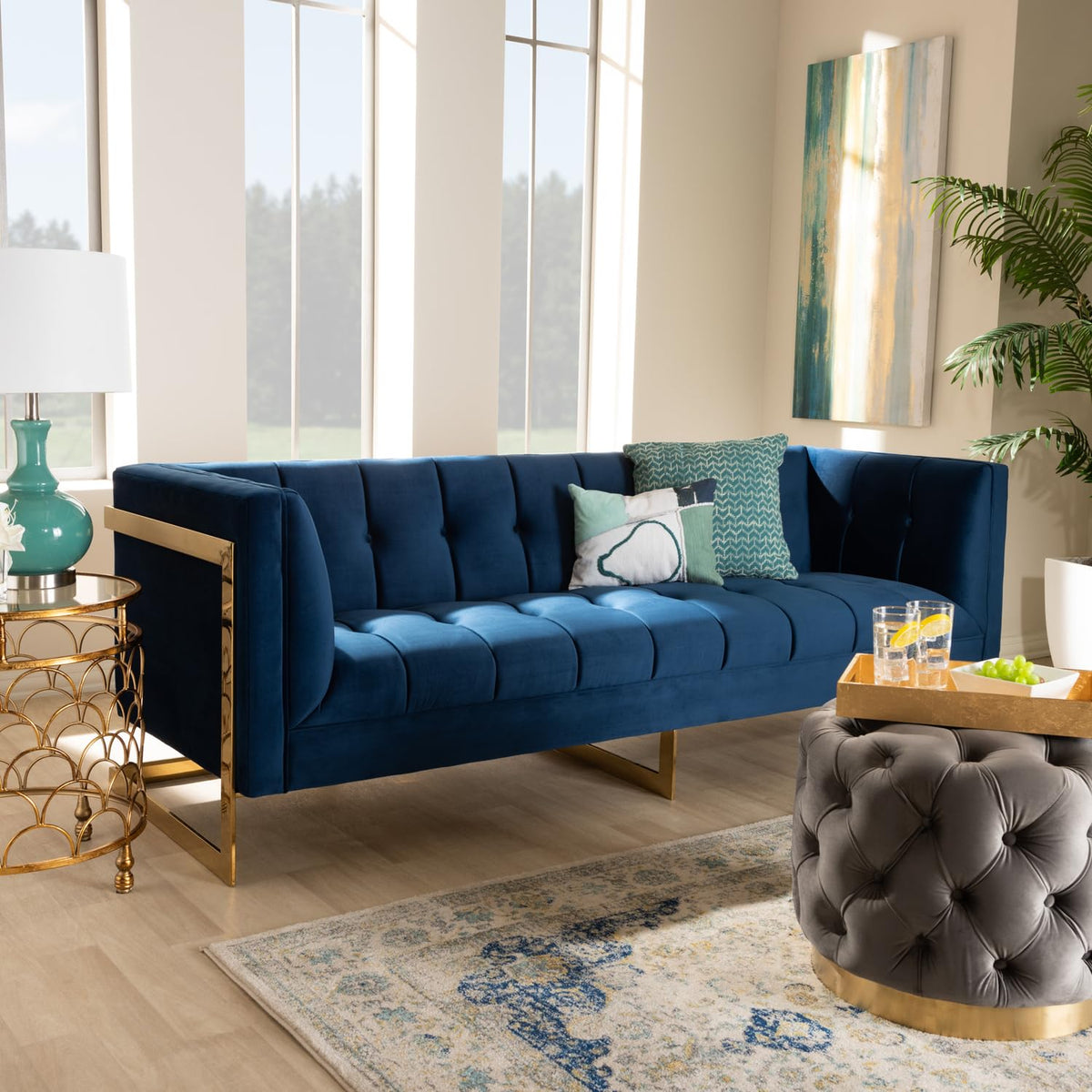 Navy Blue Velvet Button Tufted Gold Sofa A9768