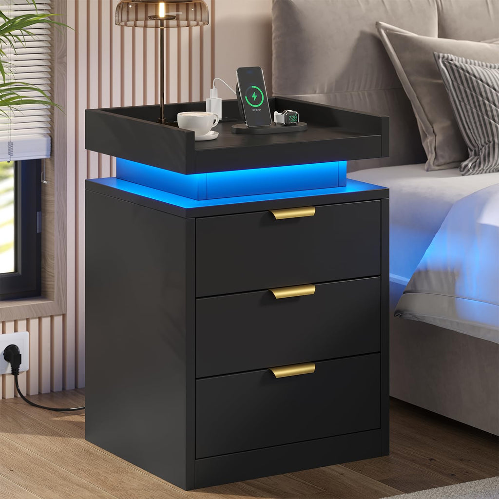 Black 3 Drawer LED Nightstand with Charging Station Z213313