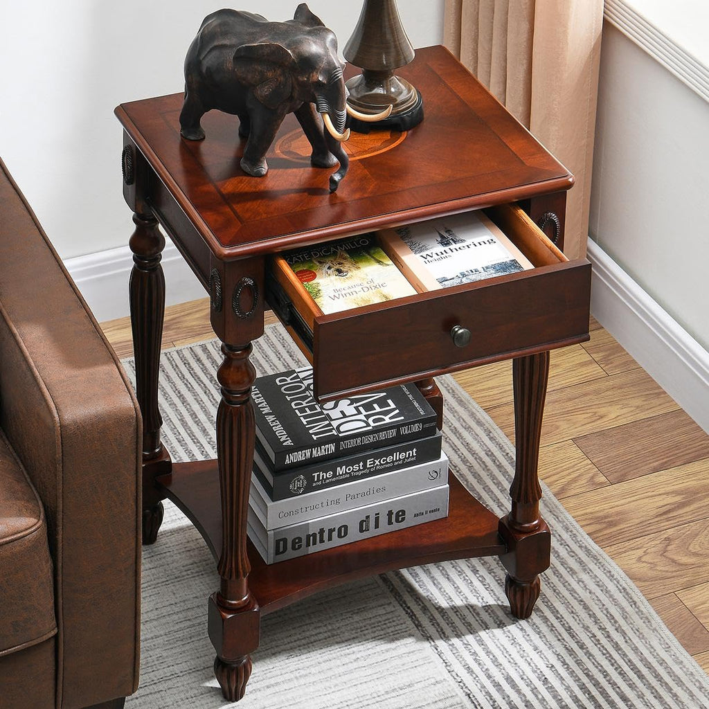Solid Wood Side Table with Drawer, Cherry Walnut F223