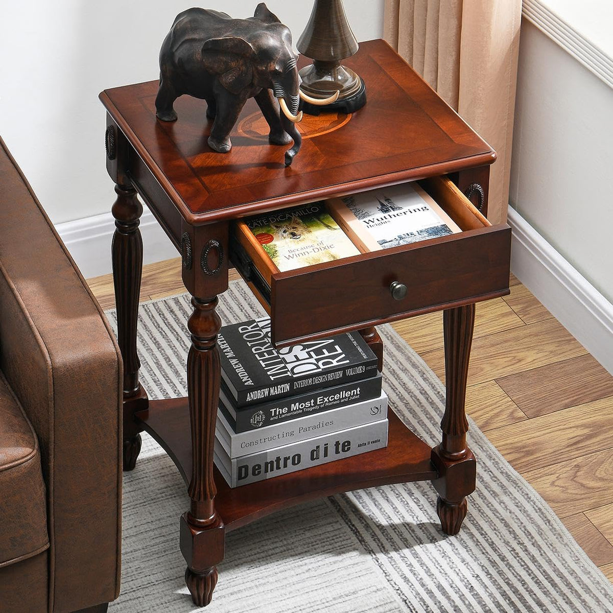 Solid Wood Side Table with Drawer, Cherry Walnut F223