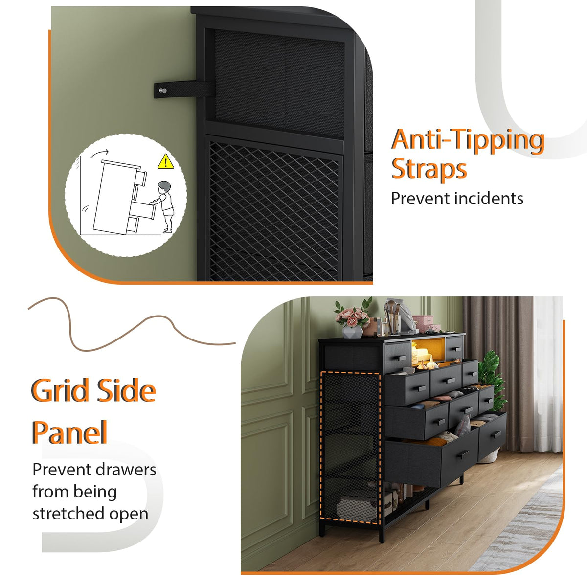 Black 10 Drawer Dresser with Charging Station and LED Light V582680