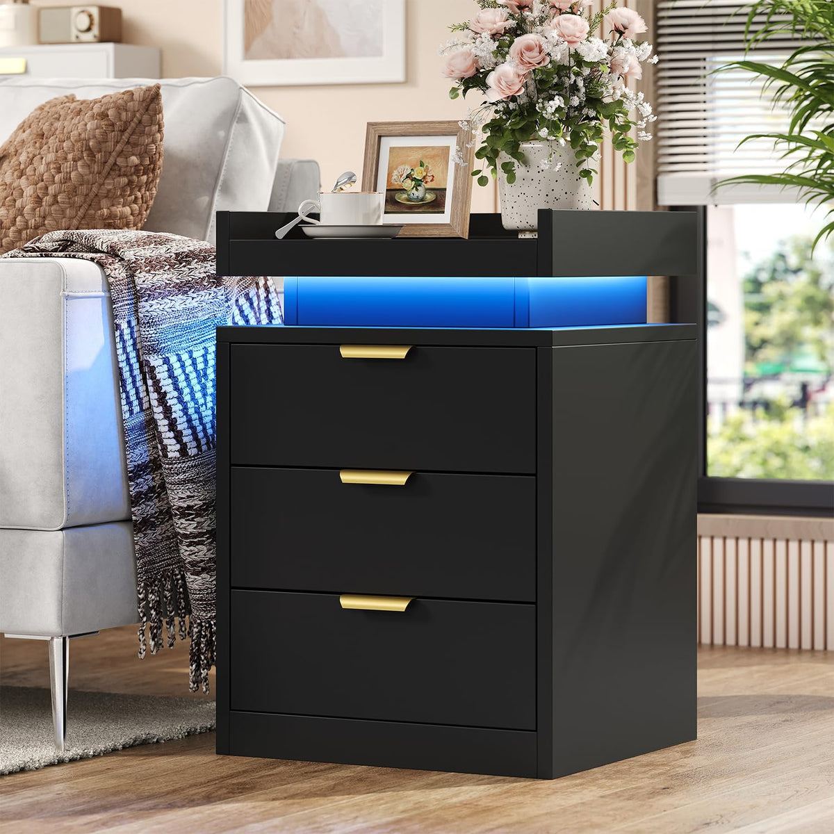 Black 3 Drawer LED Nightstand with Charging Station Z213313