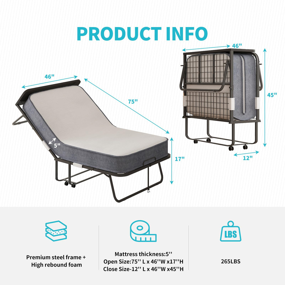 75" x 46" Folding Bed with 5" Memory Foam Mattress and Headboard U288676