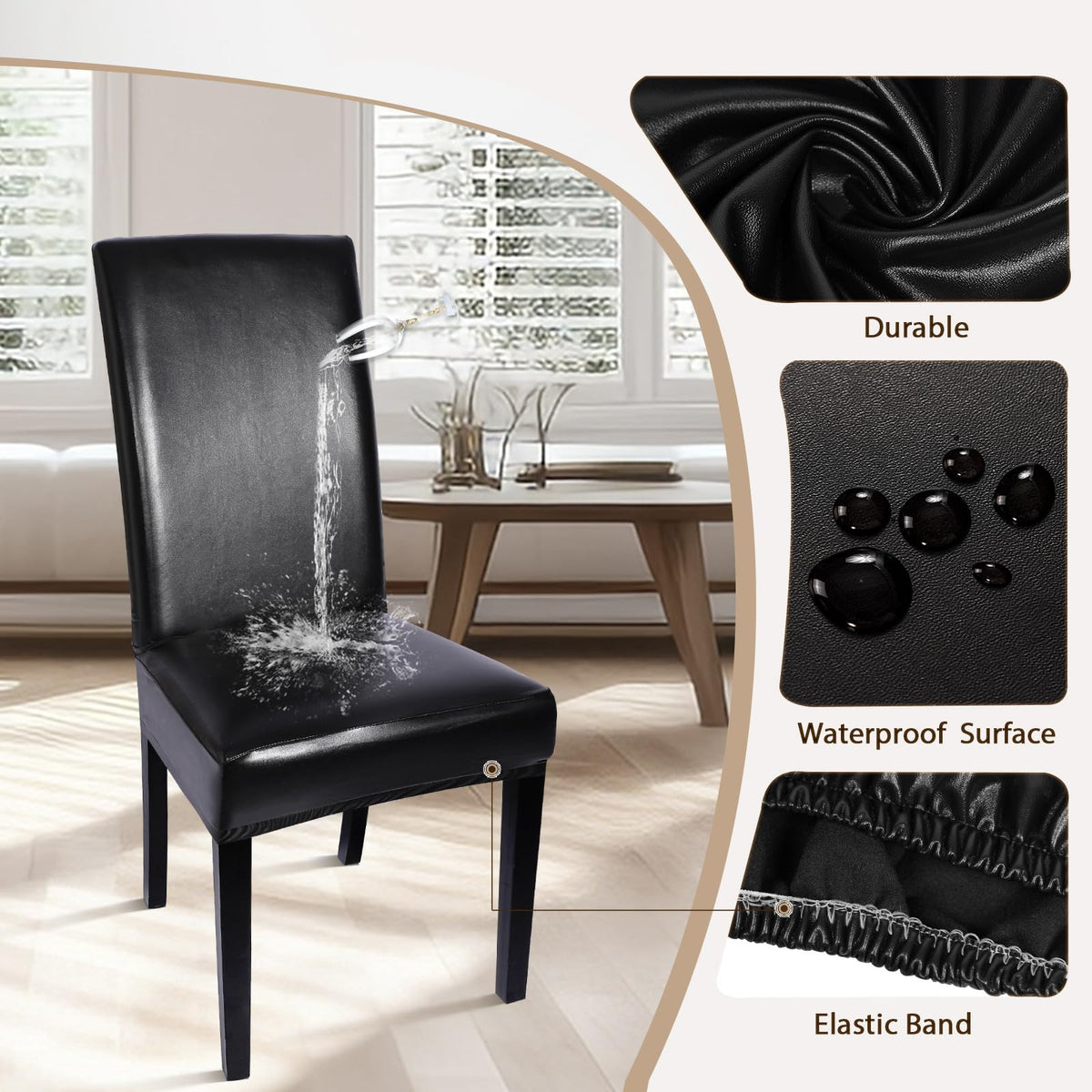 Waterproof PU Leather Dining Chair Covers Set of 4 Black W924