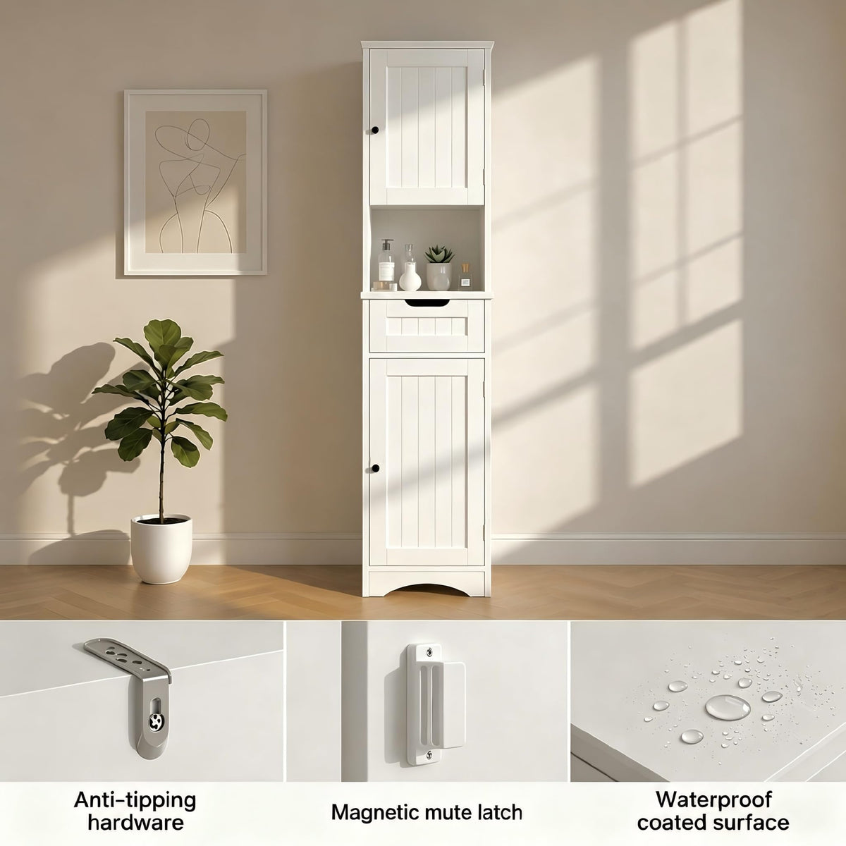 67” H Tall White Bathroom Storage Cabinet S9040