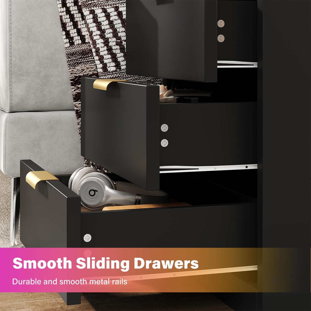 Black 3 Drawer LED Nightstand with Charging Station Z213313