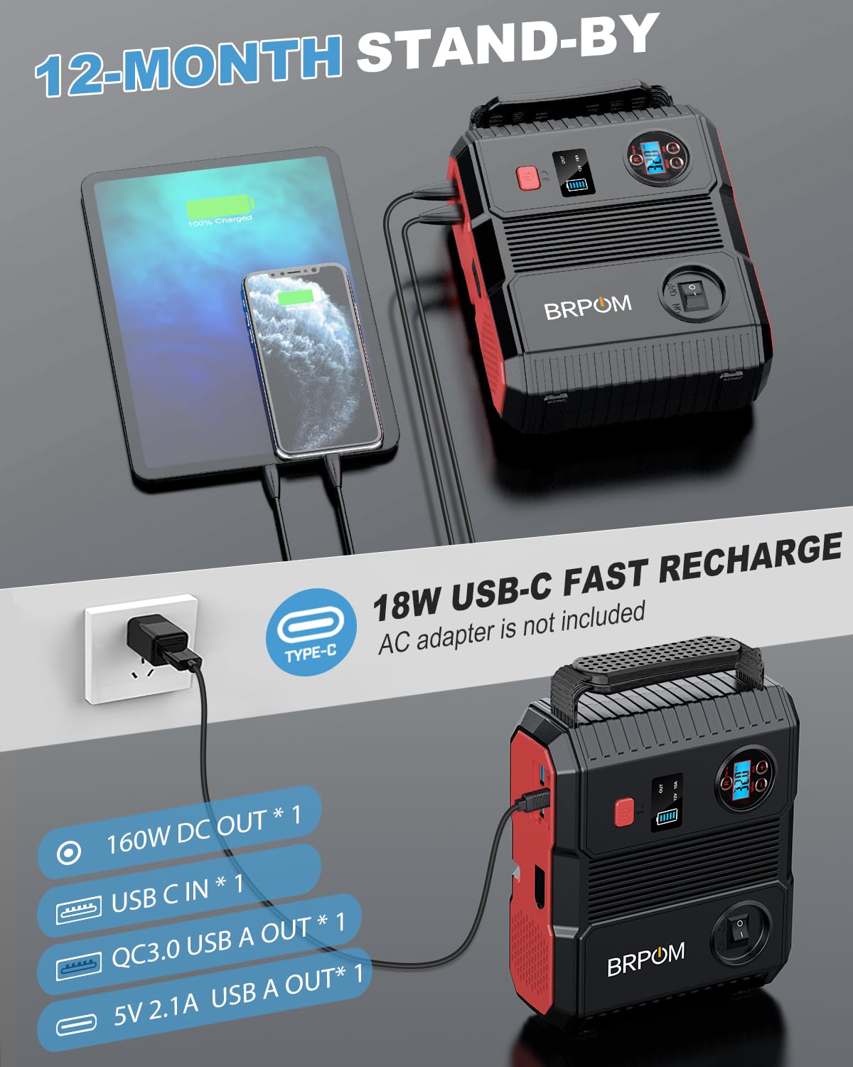 Car Jump Starter with Air Compressor 9000A Peak 26800mah 160PSI 12V F522