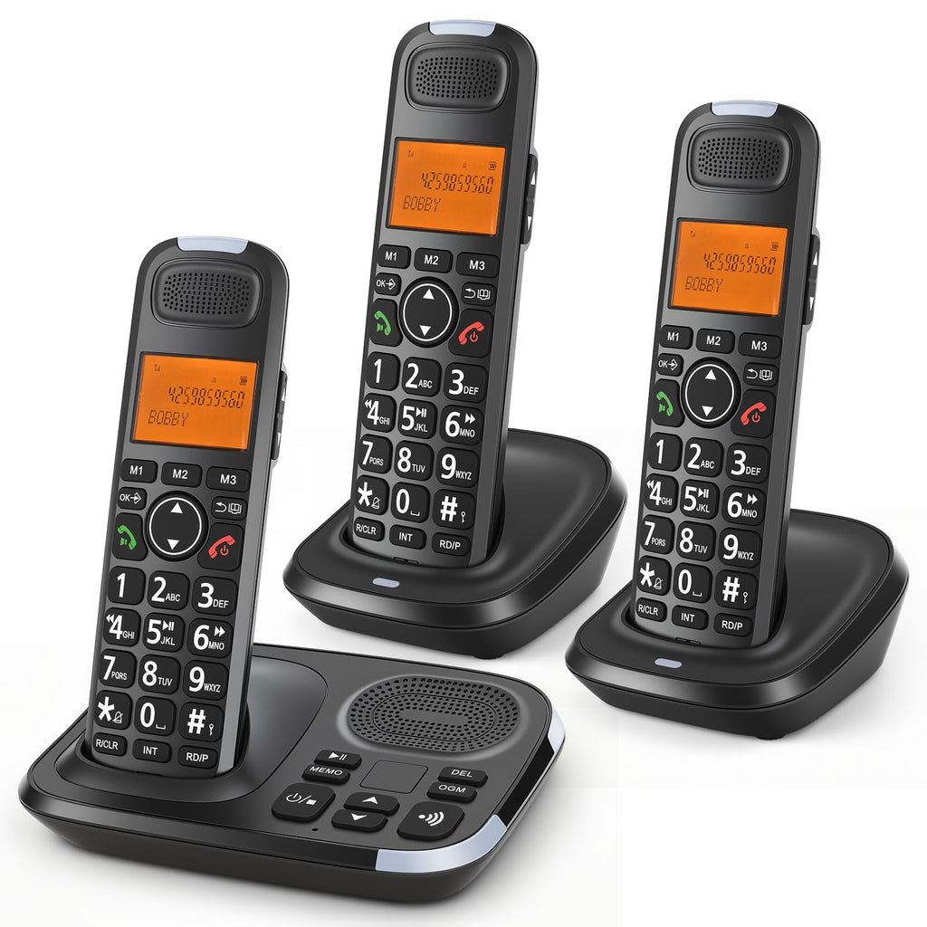 Black Cordless Phone System with Answering Machine, 3 Handsets H6814