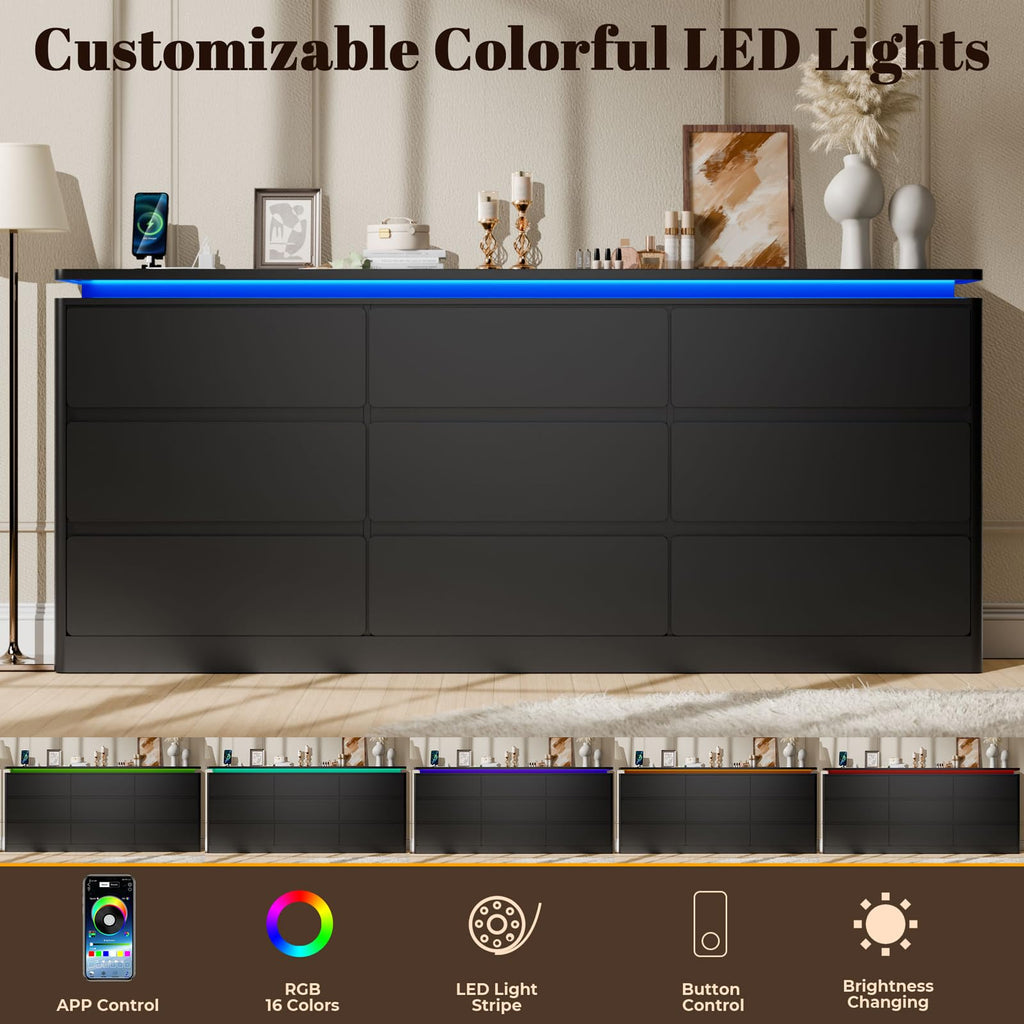 Black 9 Drawer Dresser with LED Lights R109