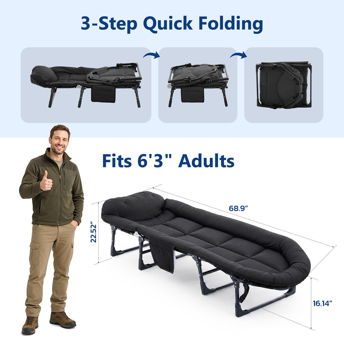 Folding Camping Cot with Mattress and Pillow, 450 Lbs Capacity, 69 Inch, Black A87968