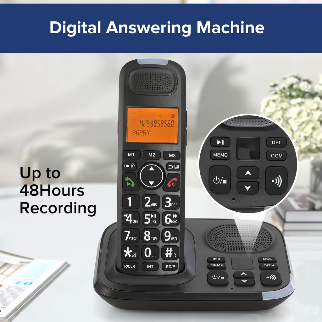 Black Cordless Phone System with Answering Machine, 3 Handsets H6814