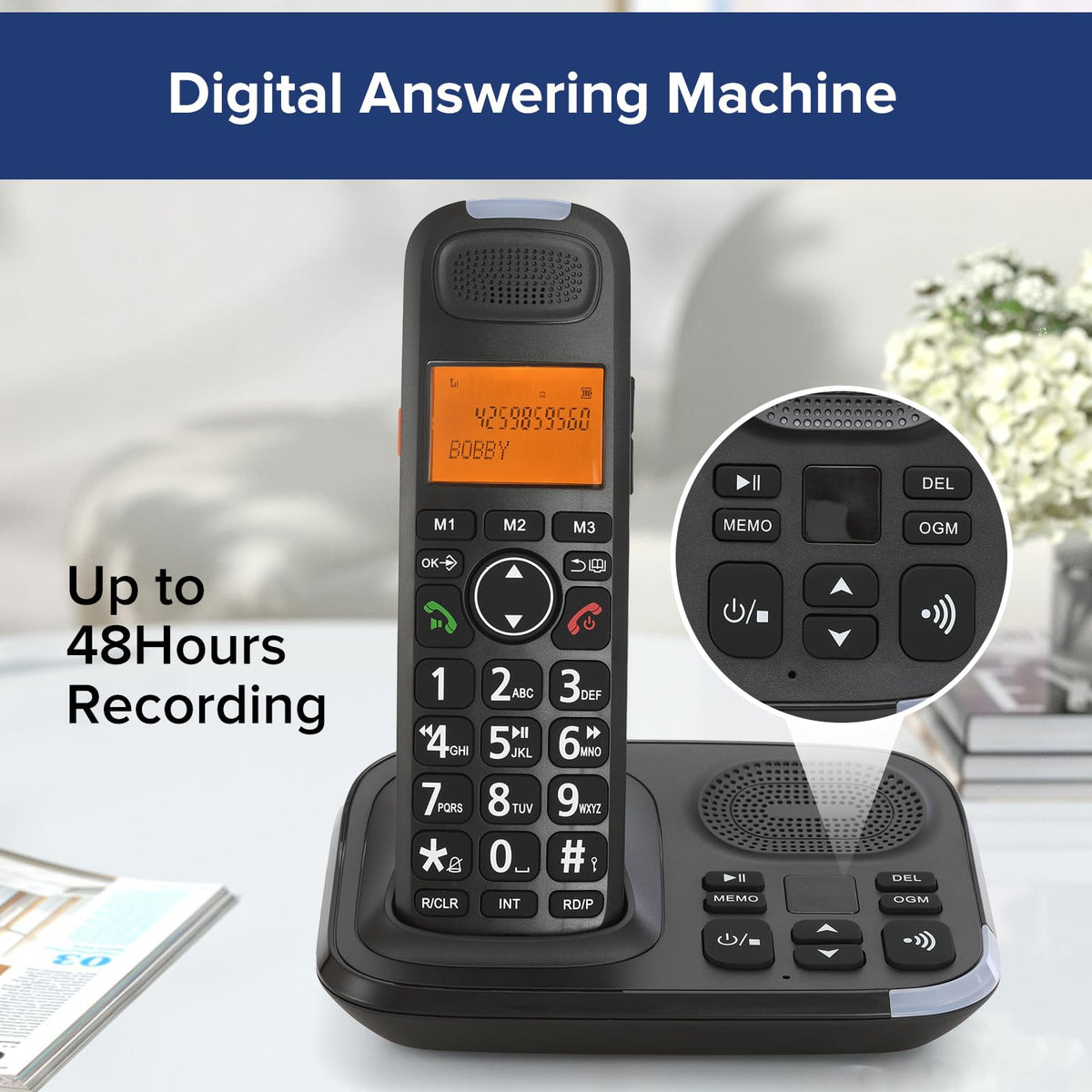 Black Cordless Phone System with Answering Machine, 3 Handsets H6814