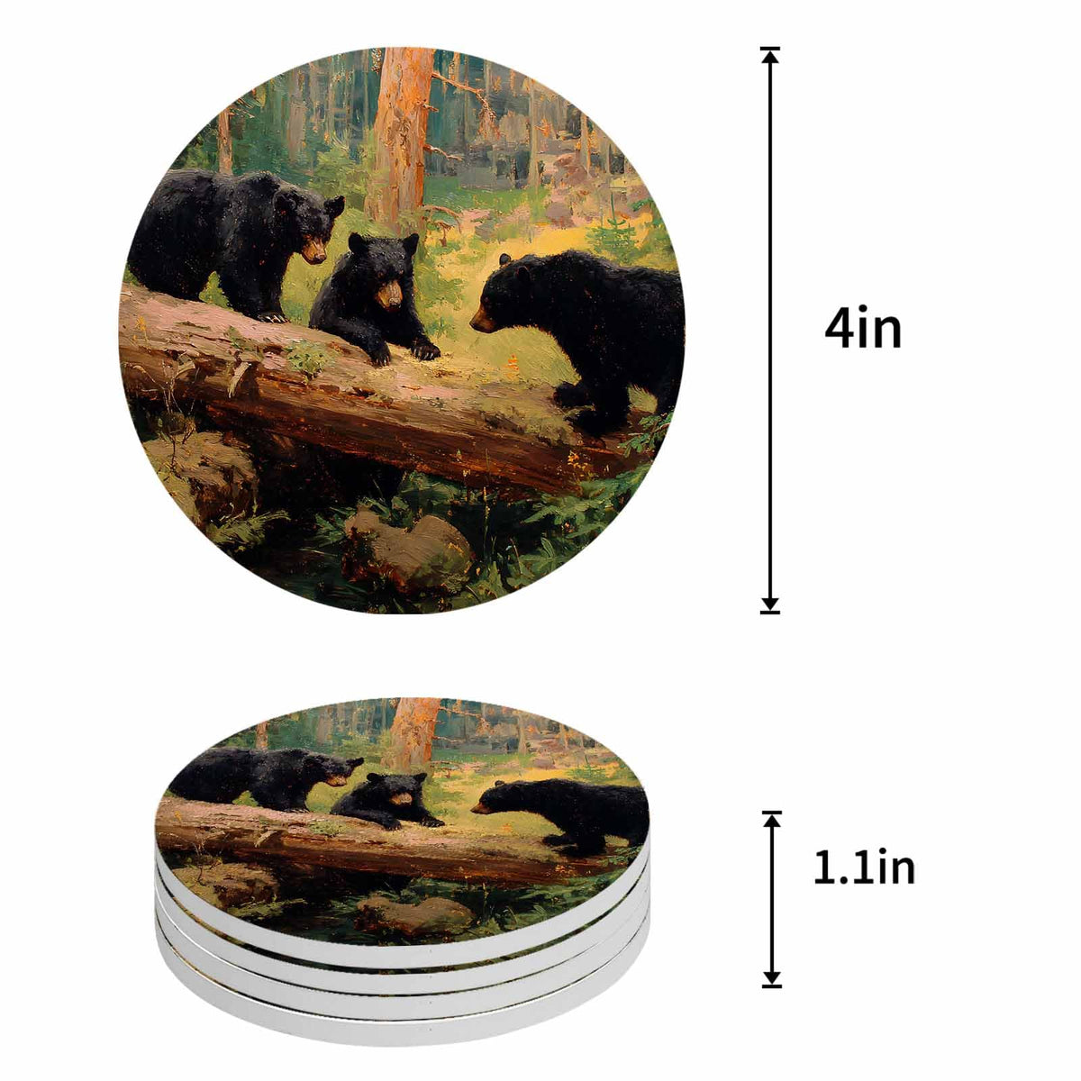 Set of 8 Rustic Black Bears Absorbent Ceramic Coaster with Cork Base R21522