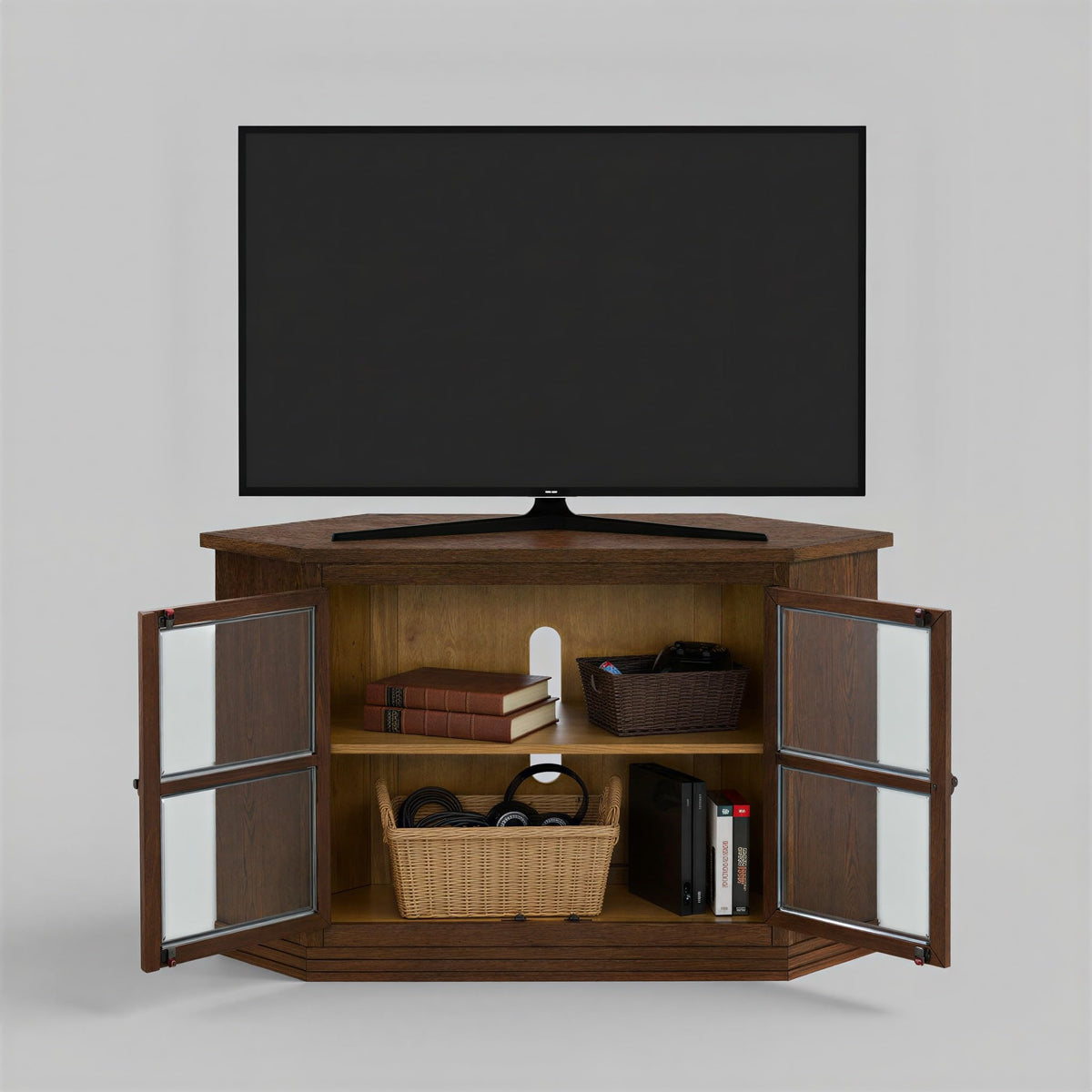 Cocoa Brown Wood and Glass Corner TV Stand R764