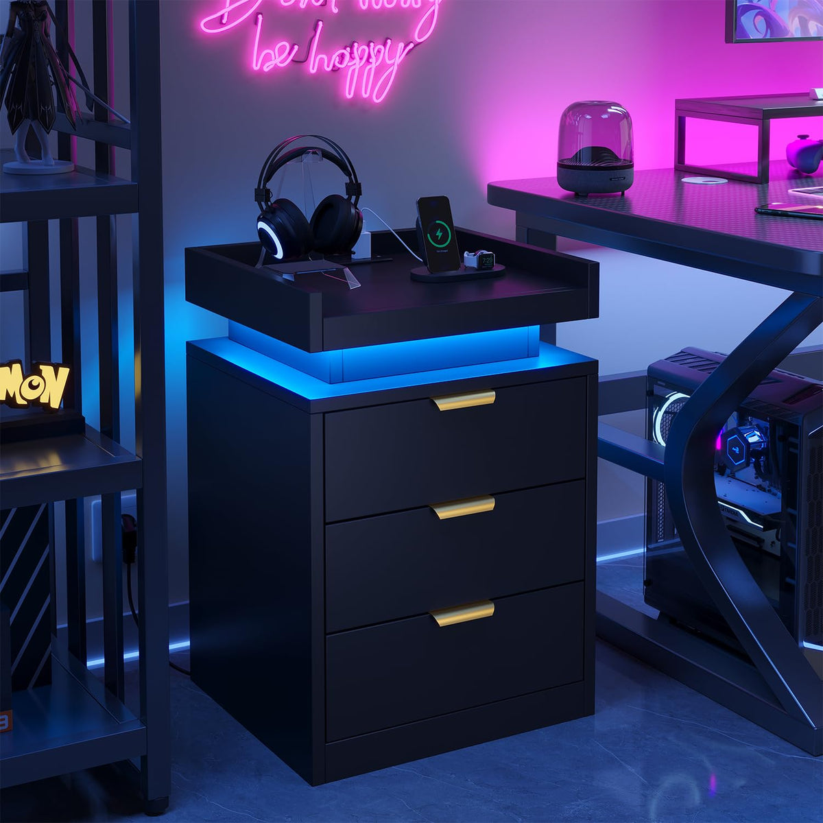 Black 3 Drawer LED Nightstand with Charging Station Z213313