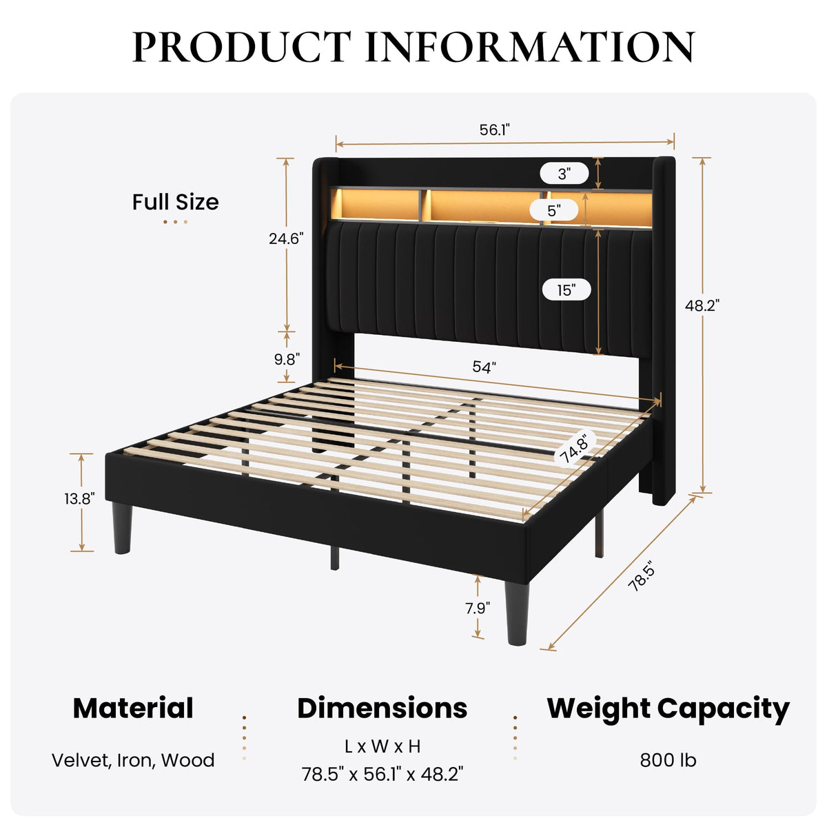Full Size Velvet Upholstered Platform Bed Frame with Storage Shelf M10303