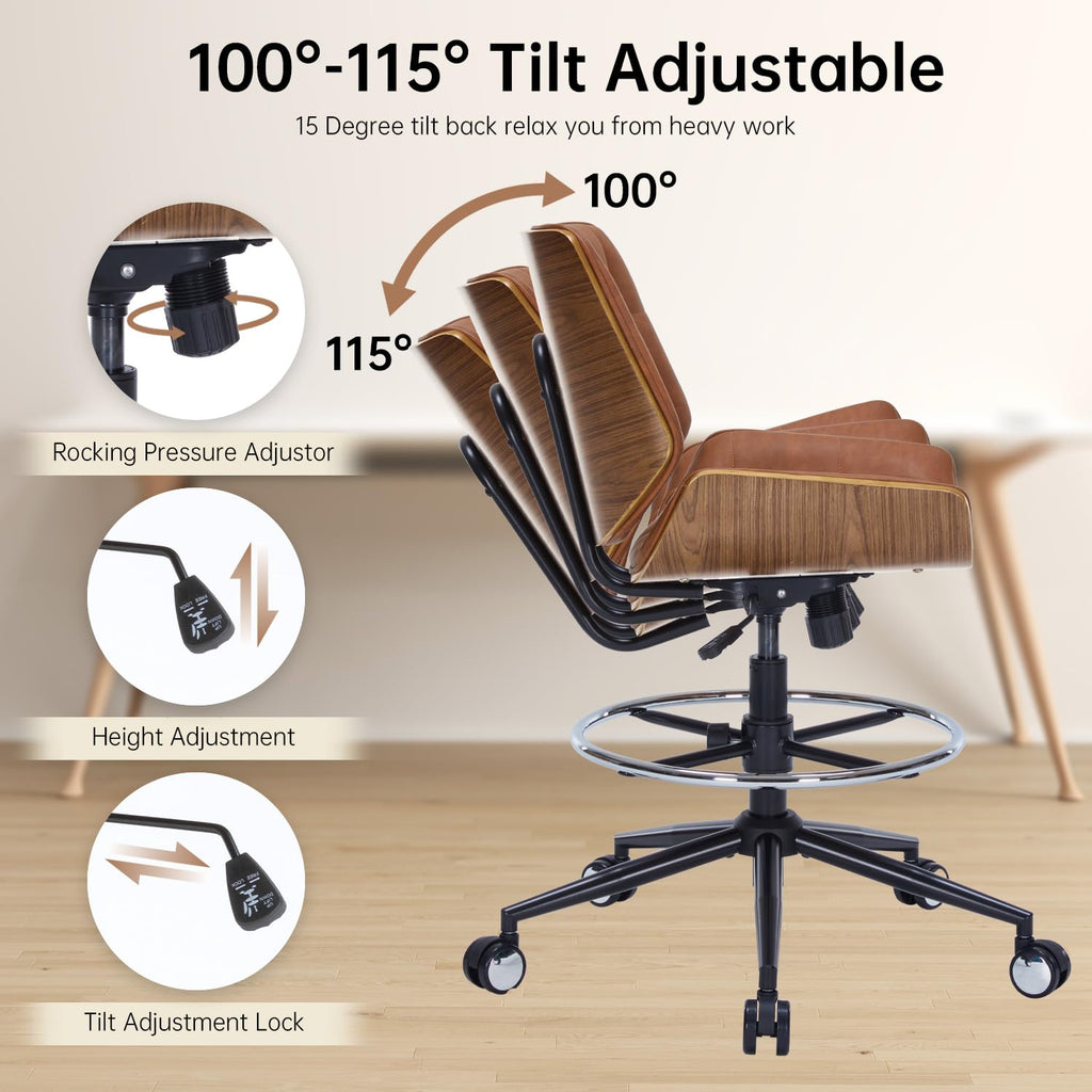 Brown Ergonomic Drafting Office Chair with Adjustable Height and Footrest Ring R8585