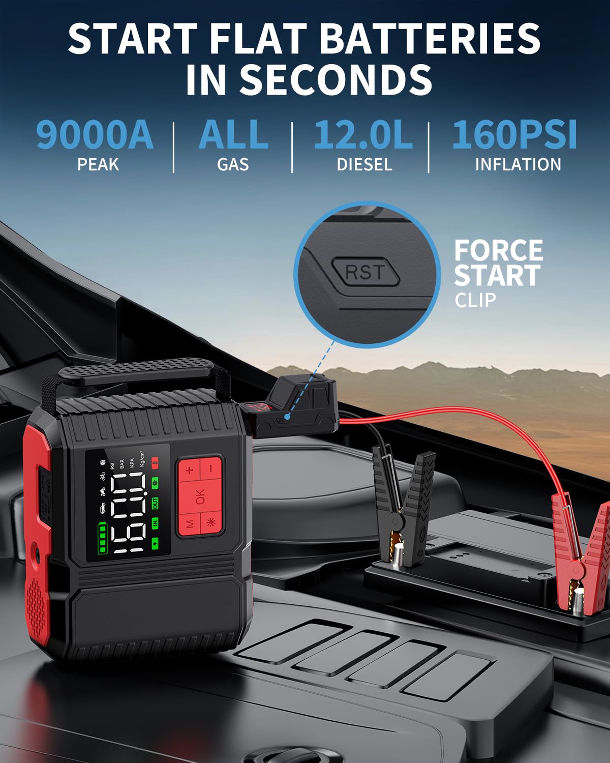 Car Jump Starter with Air Compressor 9000A Peak 26800mah 160PSI 12V F522