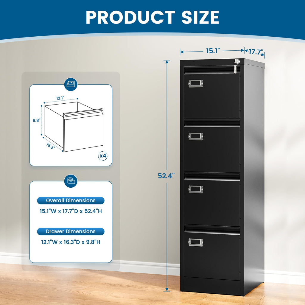 Black 4 Drawer Metal File Cabinet with Lock E59949