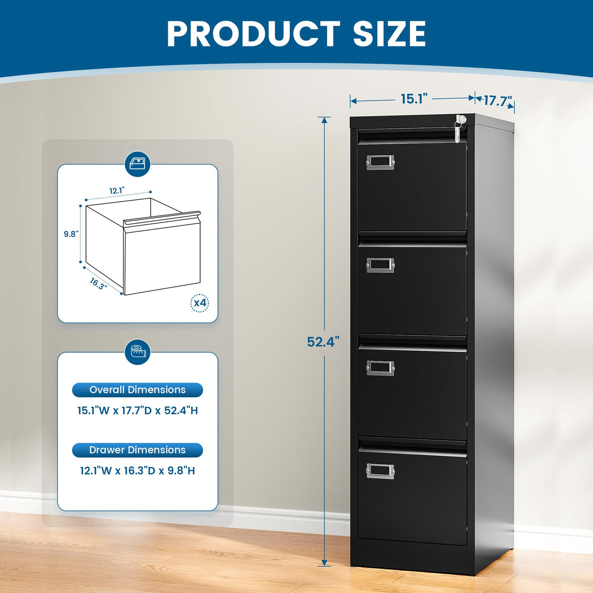 Black 4 Drawer Metal File Cabinet with Lock E59949