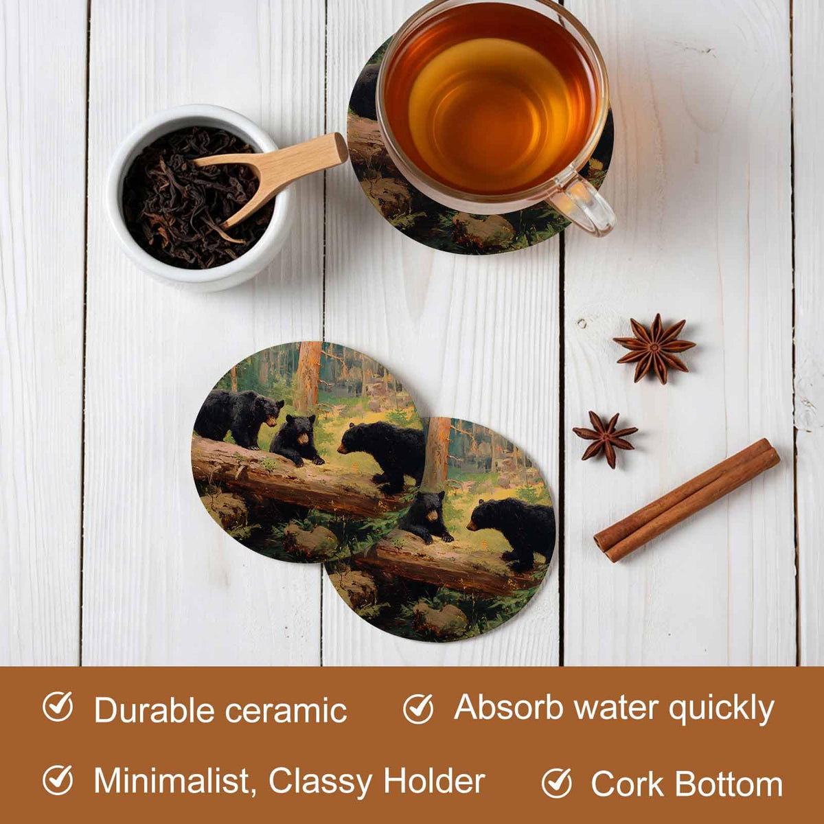 Set of 8 Rustic Black Bears Absorbent Ceramic Coaster with Cork Base R21522