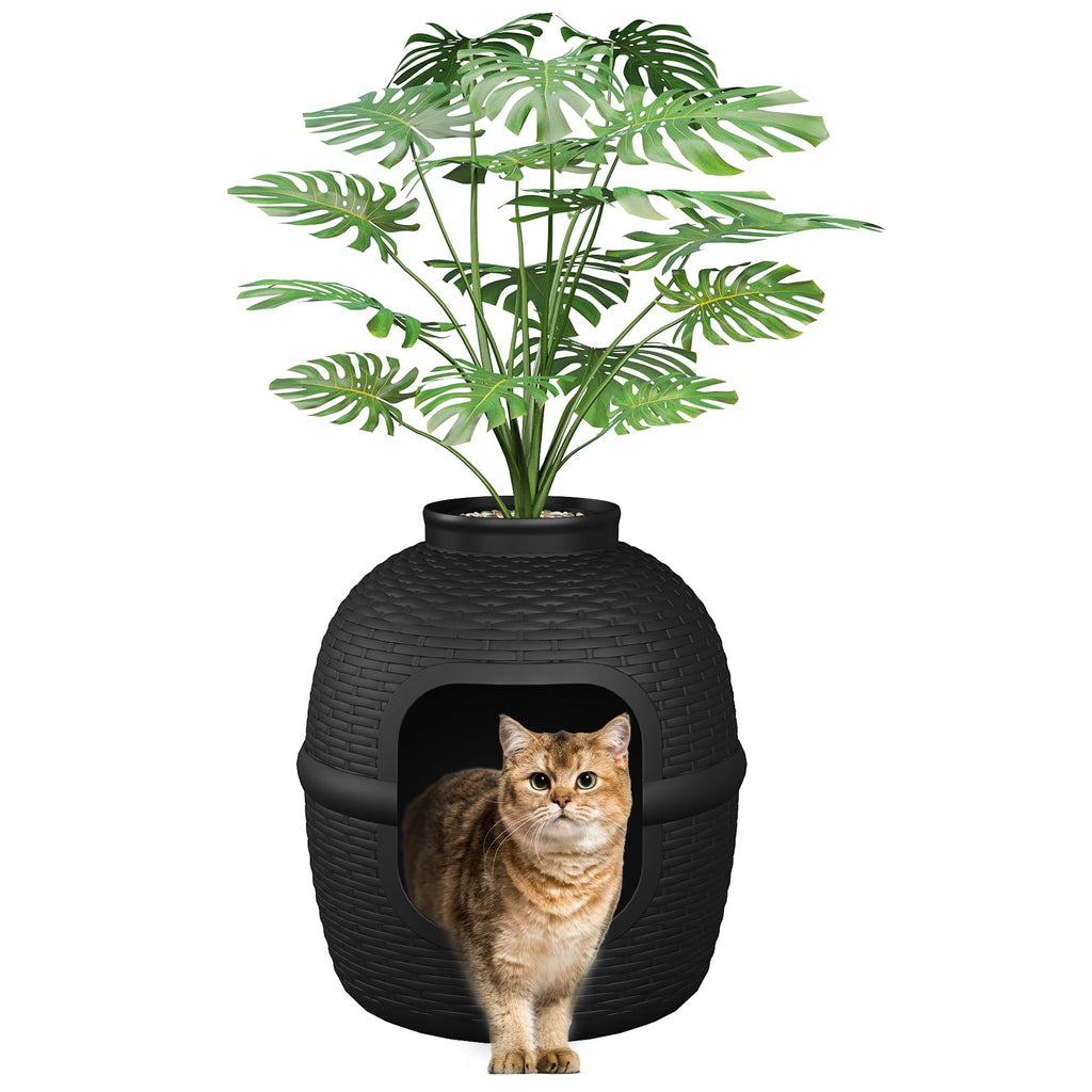 Black Large Cat Litter Box with Faux Plant K944908