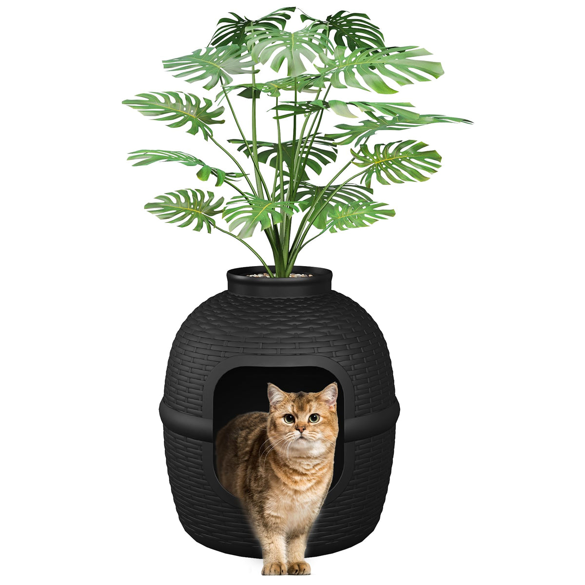 Black Large Cat Litter Box with Faux Plant K944908