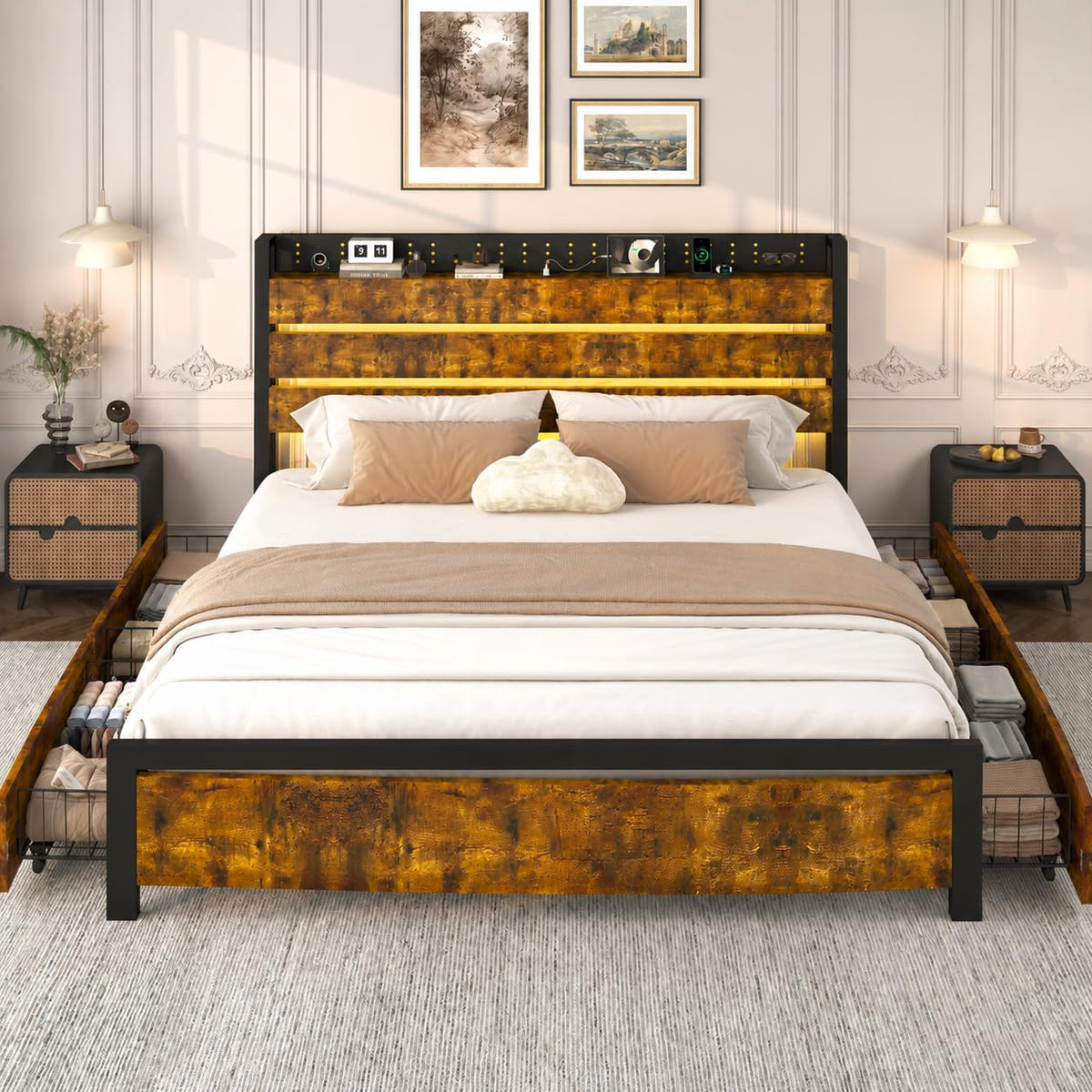King Size Storage Bed Frame with 4 Drawers, Metal Bed Frame with Headboard Charging Station & Led Lights, Heavy Duty Platform Bedframe, No Box Spring Needed, Noise Free, Easy Assembly, Brown N5740