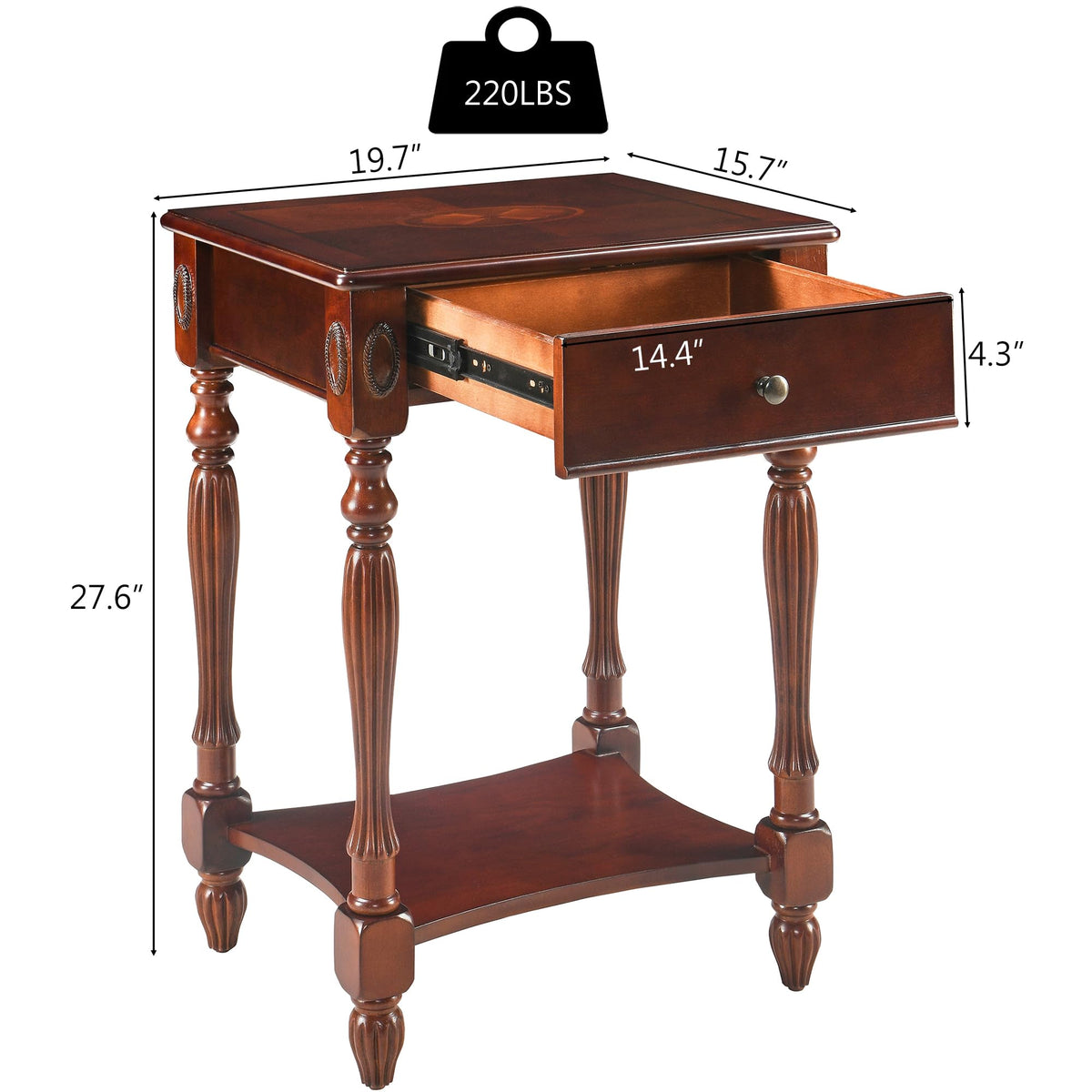 Solid Wood Side Table with Drawer, Cherry Walnut F223