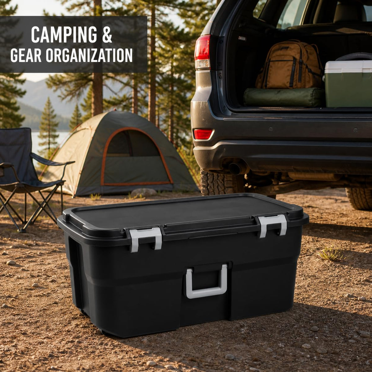 Rolling Storage Trunk with Wheels and Handle, 22 Gallon Black Bin V148