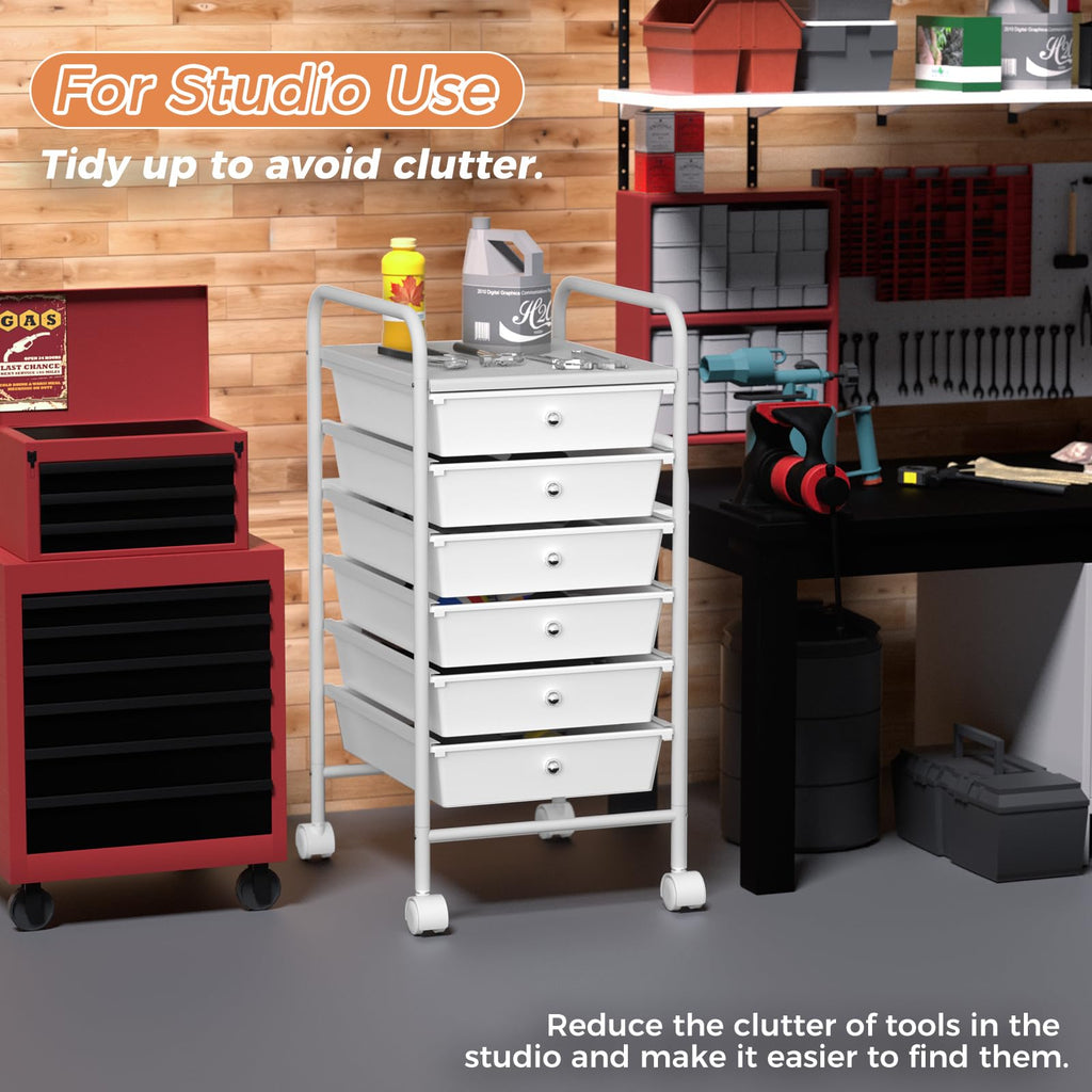 White 6 Tier Rolling Storage Cart with 6 Drawers W76339