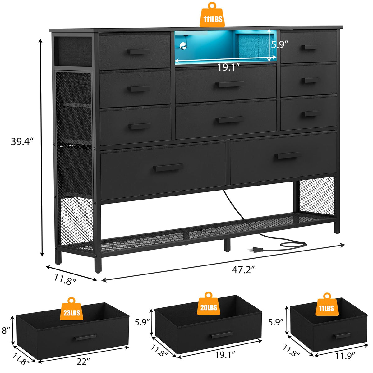 Black 10 Drawer Dresser with Charging Station and LED Light V582680