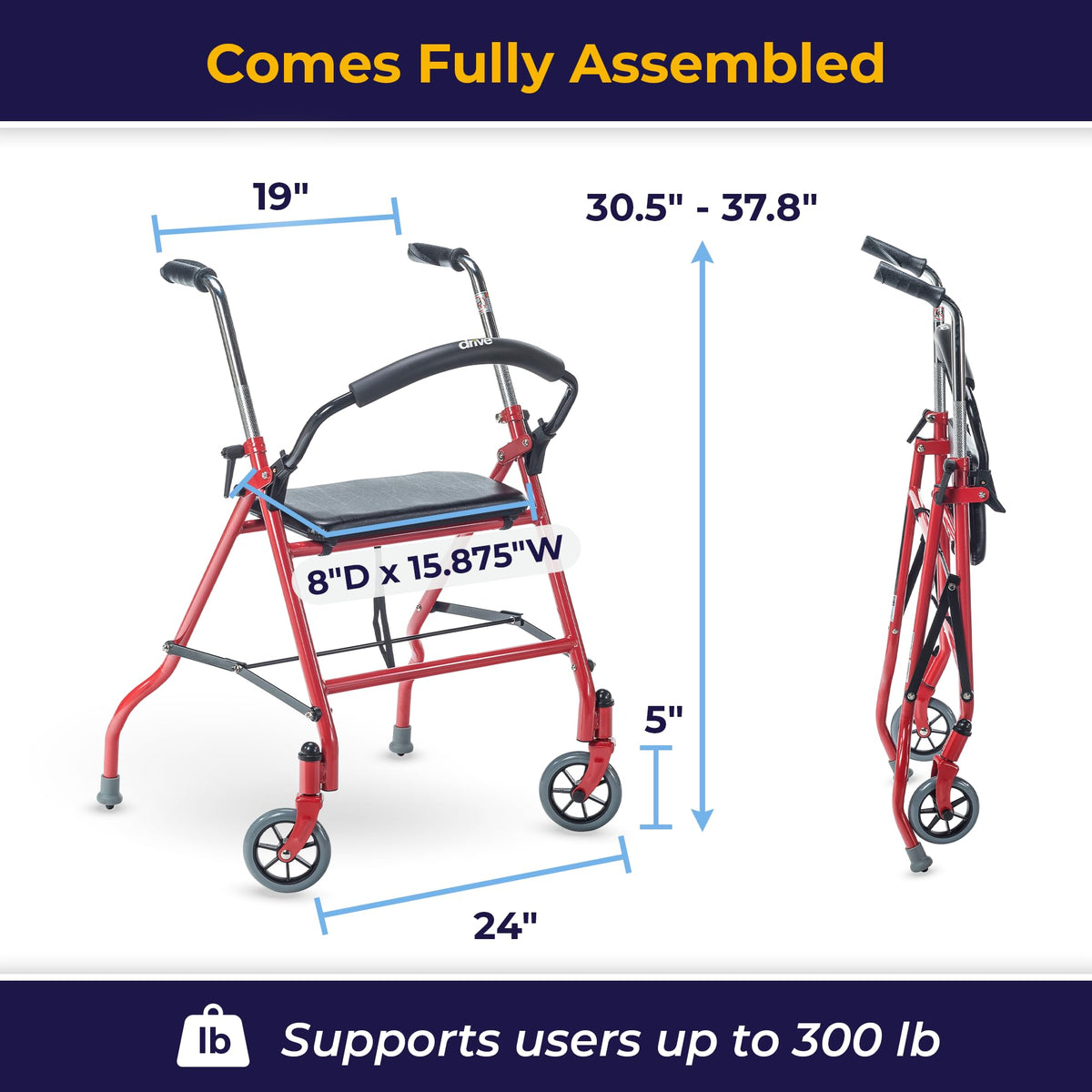 Foldable Rollator Walker with Seat, Red, 1 Count K66381